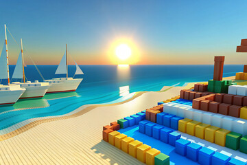 Fototapeta premium Sandy beach, sea, yachts on the background of sunrise, AI Generation