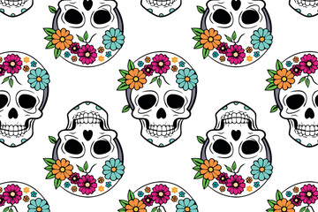 Day of the Dead skull pattern with bright flowers, vector art. Perfect for event promotions, wrapping paper, and fabric prints