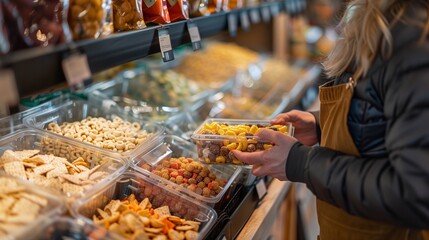 A customer chooses package-free snacks at a bulk store, reducing plastic waste and supporting sustainability.