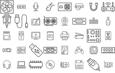 A Collection Of Computer And Hardware Icons Collection Isolated Silhouette Solid Icons Including Hardware,Device,Computer,Cable,Technology Business Infographic Elements Logo Vector Illustration