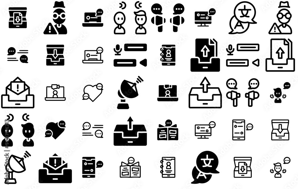 Poster set of linear communication vector symbols apps, websites ui designs suitable for talk,communication
