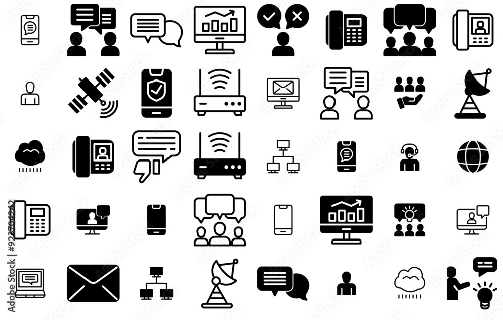 Poster set of linear communication icons silhouette vector logo design containing conversation,network,talk