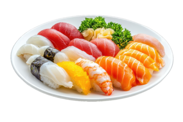 Plate of sashimi with assorted fish isolated on white background