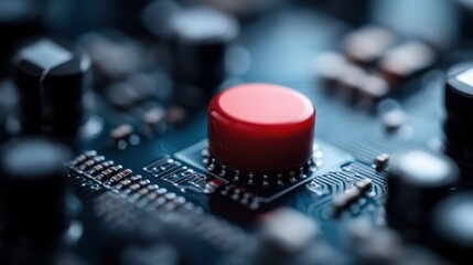 A close-up shot of a red emergency button prominently placed on a complex circuit board background, representing urgency and technological functionality.