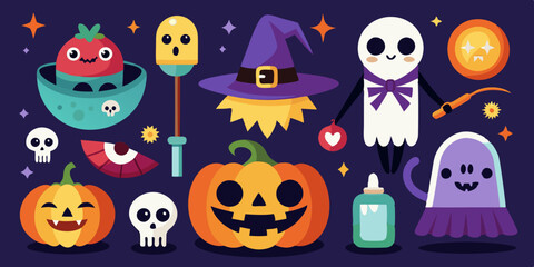 Halloween doodle set, vector October holiday spooky funny icon, horror cartoon scribble, skull, cat. Festive pumpkin face, cute ghost, witch broom, mystery scary celebration symbol. Halloween doodle