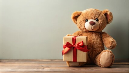 Obraz premium Teddy bear holding a gift box, teddy bear, gift box, present, surprise, soft toy, stuffed animal, cute, adorable, celebration