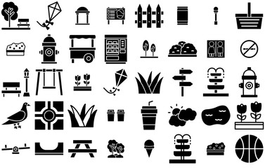 Set Of City Park Isolated Silhouette Solid Icons With City,City-Park,Bench,City-Landscape,Park Vector Icons Illustration Collection