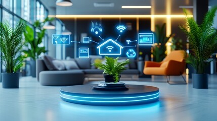 Naklejka premium Smart Home Concept, Digital interface with icons connected to a home in a futuristic setting with lush greenery, Advanced Technology.