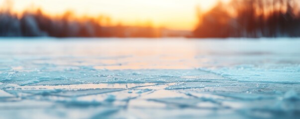 Close-up of frozen ice with blurred sunset background.