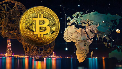 A coin with the letter B on it is shown next to a map of the world. The coin is surrounded by a web of lines, giving the impression of a complex network. Concept of a global economy
