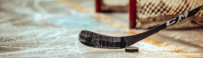 Hockey stick in action, puck aiming for goal, net score, dynamic movement, hockey stick goal