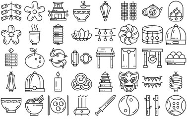 Mega Set Of Vector Chinese Line Icons Web Header Banner Design Containing Asian,China,Chinatown,Chinese,Culture Outline Icons Collection. Simple Vector Illustration