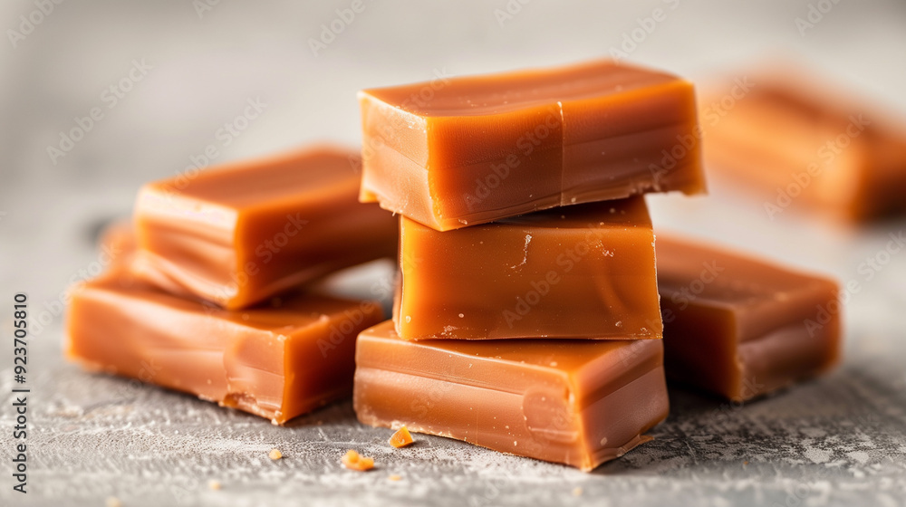 Wall mural pile of caramel candies stacked in a heap, highlighting their rectangular shapes on a neutral backdr