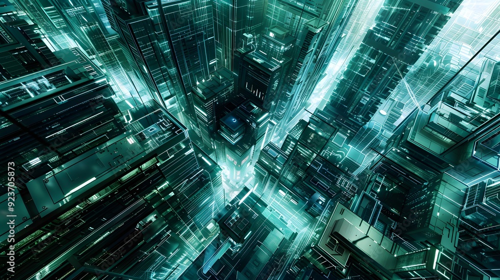Poster a futuristic cityscape powered by deep neural networks, where every building and structure pulses wi