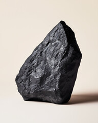 Obraz premium Photorealistic Abstract Still Life of a Piece of Coal on Plain Beige Background: Symmetrical Frontal View with Ground Shadow