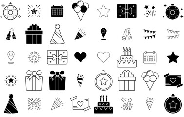 A Collection Of Celebration Party Vector Symbols Apps, Websites Ui Designs Suitable For Party,Celebrate,Festival,Celebration,Birthday Stroke Icon Collection. Vector Illustration