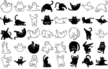 Mega Set Of Vector Cat Yoga Poses Meditation Zen Asana Namaste Icons Collection Isolated Silhouette Solid Icons Including Pose,Yoga,Meditation,Cat,Asana Stroke Icon Collection. Vector Illustration