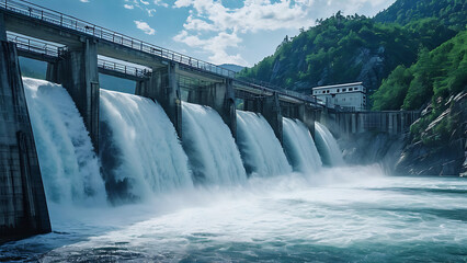 Hydroelectric dam with flowing water
