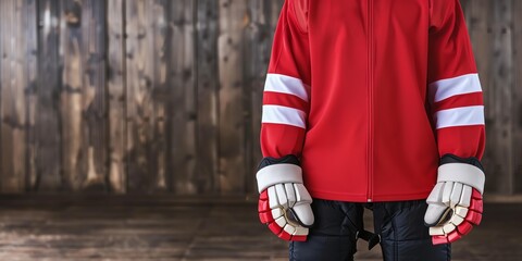 Obraz premium Closeup of a hockey player's hands wearing gloves in front of a wooden background.