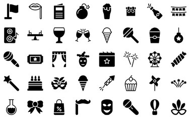 Mega Set Of Vector Carnival Line Glyph Isolated Silhouette Solid Icons With Celebration,Carnival,Festival,Drink,Event Stroke Icon Collection. Vector Illustration