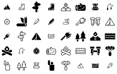 A Collection Of Camping Icons Silhouette Vector Logo Design Containing Campfire,Camp,Adventure,Camping,Holiday Outline Icons Collection. Simple Vector Illustration