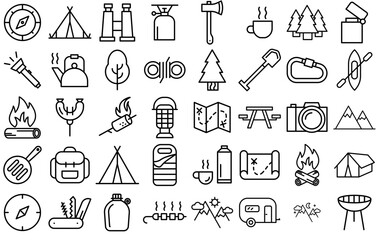A Collection Of Camping Vector Symbols Apps, Websites Ui Designs Suitable For Camp,Camping,Barbecue,Bbq,Travel Vector Icons Illustration Collection