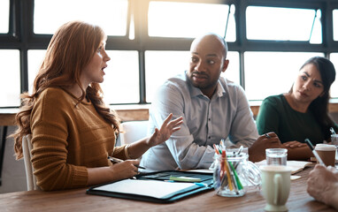 Discussion, creative and team of business people in office for crafting media release for brand management. Meeting, planning and group of public relations specialists working on client social image.