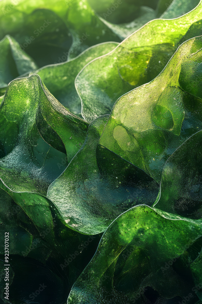 Poster a close-up of seaweed sheets with intricate textures and deep green hues, arranged in a visually ple