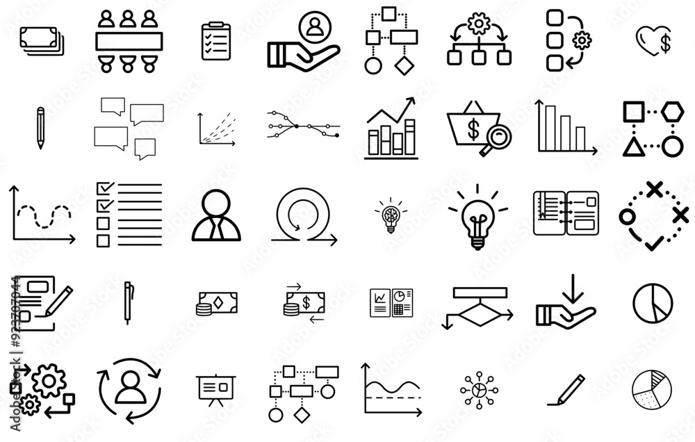 Poster set of linear business isolated silhouette solid icons with notes,business,graph,data,chart vector i