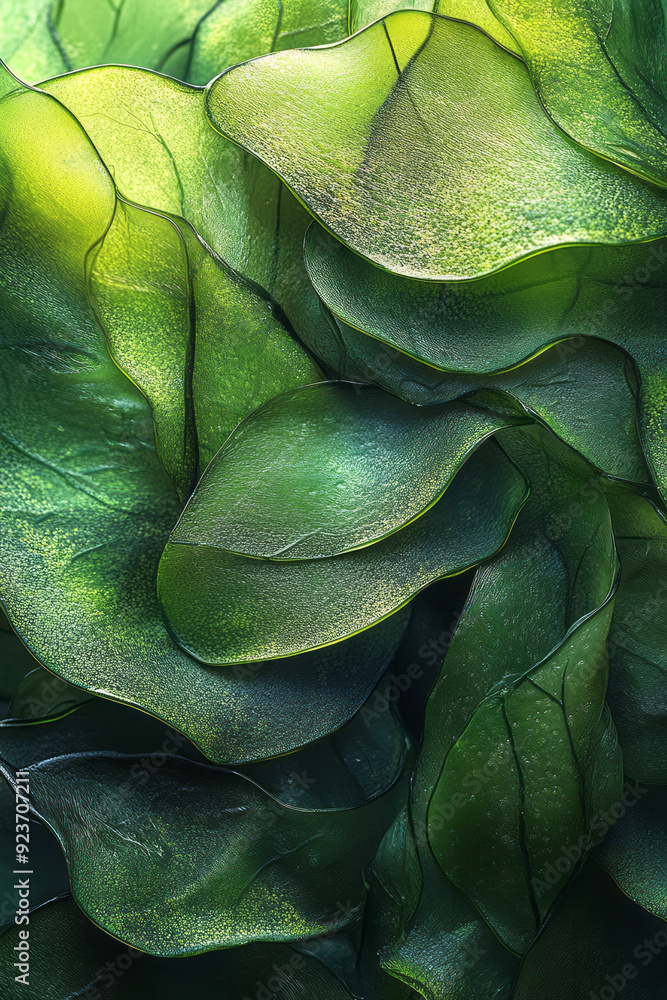 Poster a close-up of seaweed sheets with intricate textures and deep green hues, arranged in a visually ple
