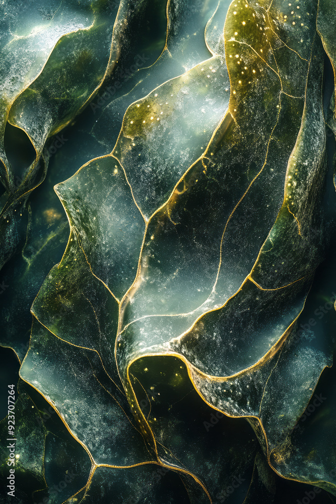 Poster a close-up of seaweed sheets with intricate textures and deep green hues, arranged in a visually ple