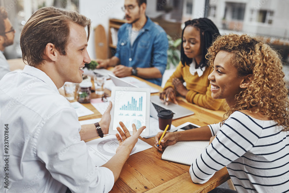 Poster tablet, group planning and business people with stats, info or analysis in creative startup. technol