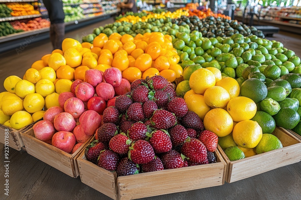Poster a colorful display of fresh fruit in wooden crates