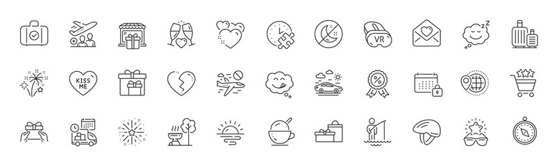 Puzzle time, Bicycle helmet and Travel compass line icons. Pack of Yummy smile, Kiss me, Carry-on baggage icon. Baggage, Fireworks explosion, Sleep pictogram. Fireworks, Delivery. Line icons. Vector