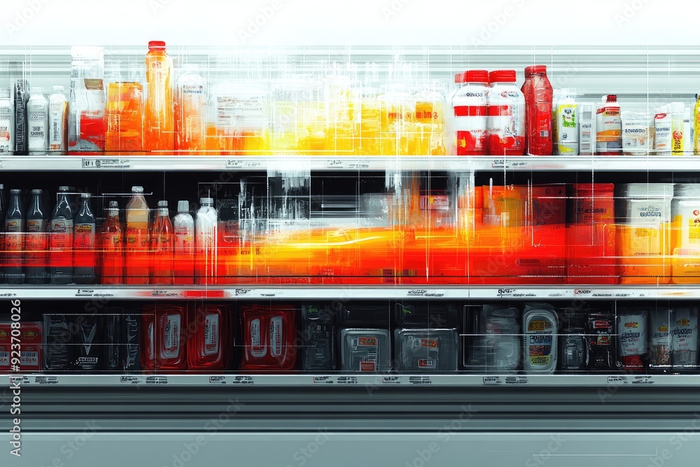 Aufkleber a grocery store shelf with assorted products, blurred and distorted