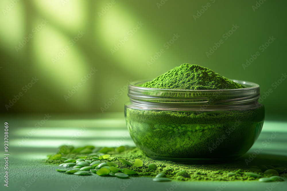 Poster a minimalist composition of algae powder in a small, elegant jar, with a soft gradient background th