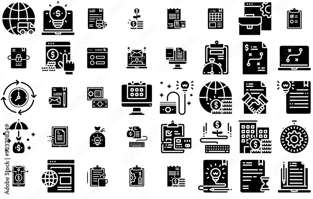 Poster set of linear business concept solid vector symbols apps, websites ui designs suitable for computer,