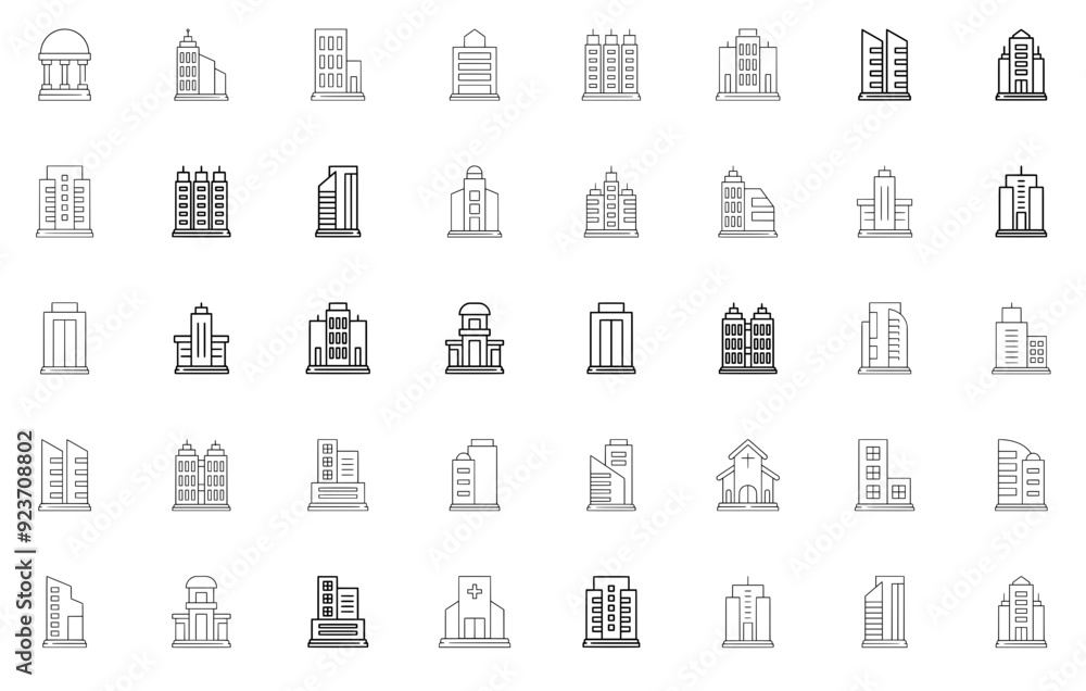 Poster set of linear buildings icons web header banner design containing city,building,architecture,office,