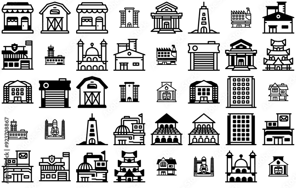 Poster set of linear building vector symbols apps, websites ui designs suitable for production,architecture