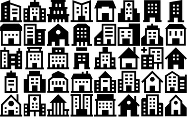 Set Of Buildings Glyph Icons Web Header Banner Design Containing Trade-Center,Real-Estate,Flats,Apartments,Building Infographic Simple Vector Illustration Logo