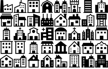 Obraz premium Set Of Buildings Glyph Isolated Silhouette Solid Icons With Building,Real-Estate,Trade-Center,Apartments,Flats Stroke Icon Collection. Vector Illustration