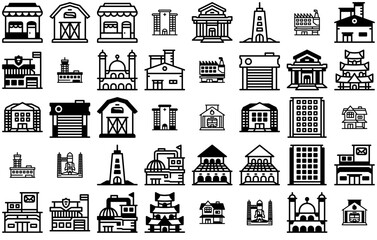 Set Of Linear Building Vector Symbols Apps, Websites Ui Designs Suitable For Production,Architecture,Industry,Building,Factory Simple Black Style Symbol Sign For Apps And Website, Vector Illustration
