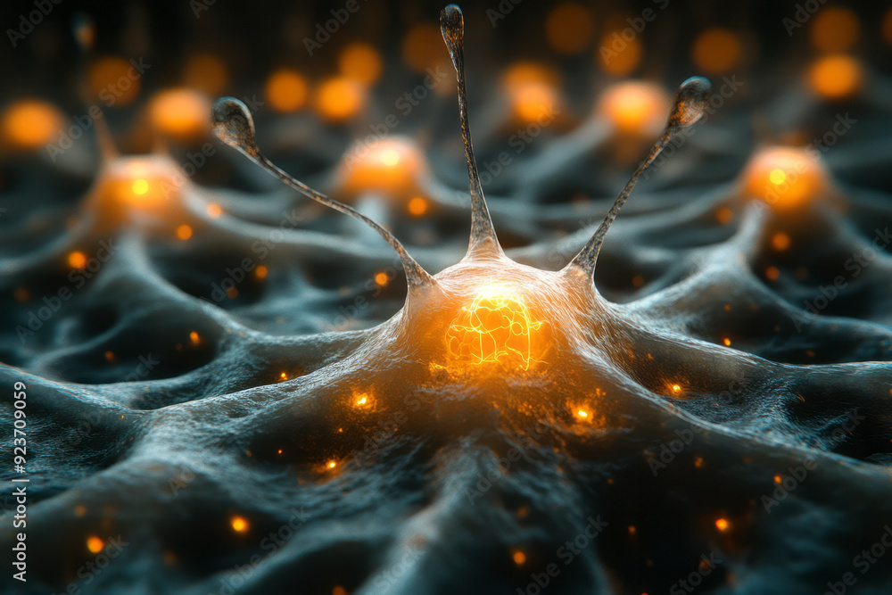 Poster a complex web of geometric lines and shapes representing the firing of synapses in the brain,