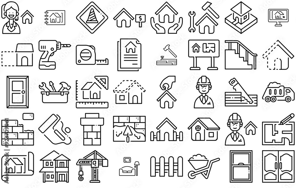 Poster mega set of vector build a house icons collection isolated silhouette solid icons including construc