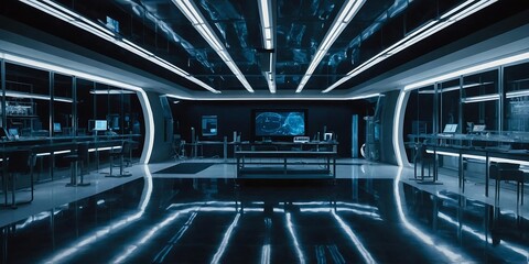 Obraz premium Futuristic High-Tech Laboratory with Sleek Reflective Design and Symmetrical LED Lighting