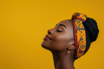 Naklejka premium A close up of a black woman's face with her eyes closed
