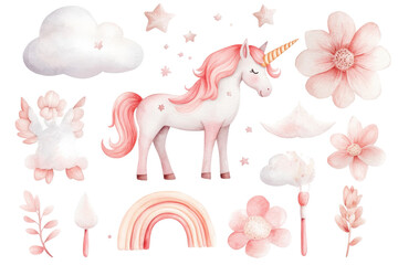 Pastel Unicorn Fantasy Clipart Set, featuring a magical unicorn, vibrant rainbow, starry cloud, enchanting flowers, vintage carousel horse, and a whimsical magic wand.