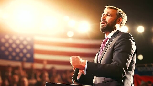 A politician addressing an enthusiastic crowd under bright stage lights, with American flags waving, capturing the essence of leadership and political commitment. Ideal for political campaigns and pub