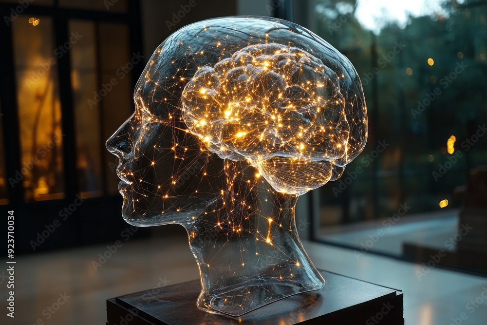 Poster a minimalist brain outline with geometric synapses glowing at key connection points,