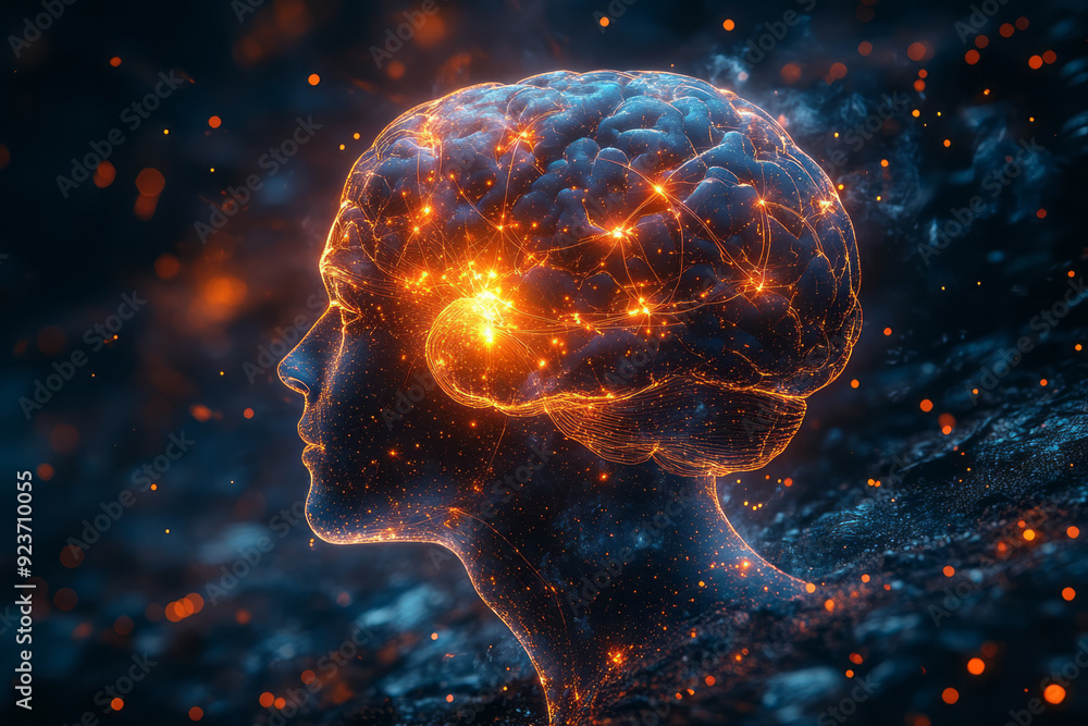 Poster a minimalist brain outline with geometric synapses glowing at key connection points,